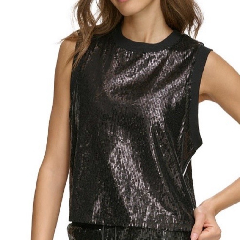 DKNY Sport Sequin Muscle Tank Top, Relaxed Fit, Sleeveless, Black/Stripes, Sz XL